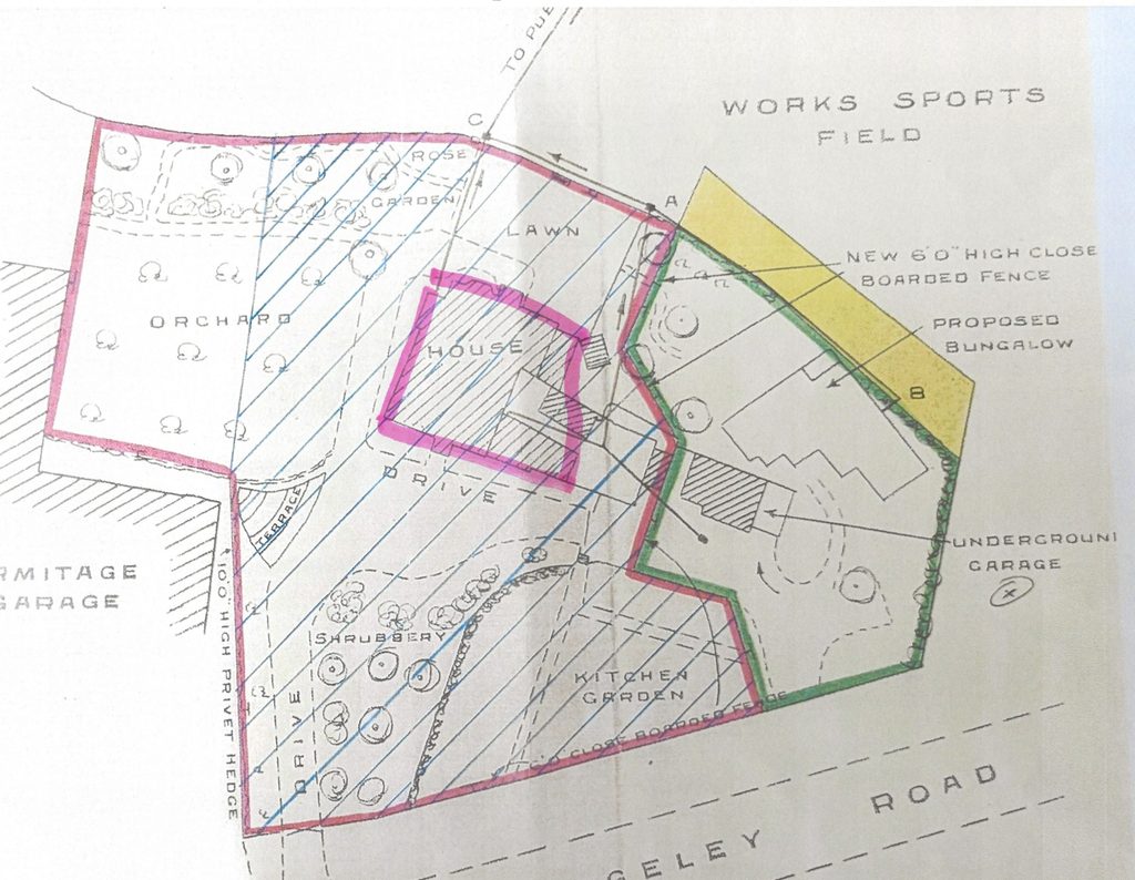 Coloured site plan of Armitage Cottage and its grounds beside Rugeley Road, showing the house, driveway, orchard, rose garden, kitchen garden, neighbouring garage and proposed bungalow, with property boundaries marked in different colours.