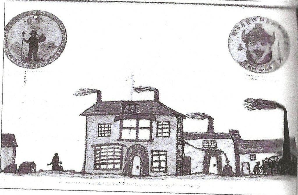 Drawing of Armitage Cottage by Ralph Sneyd, showing a two-storey house with a central arched doorway, multiple chimneys and adjoining outbuildings.
